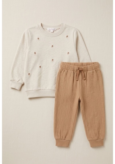Deniva Kids Kiraz Nakışlı Sweatshirt Müslin Pantolonlu 2'li Alt Üst Takım - 1 - 2 Yaş Bej