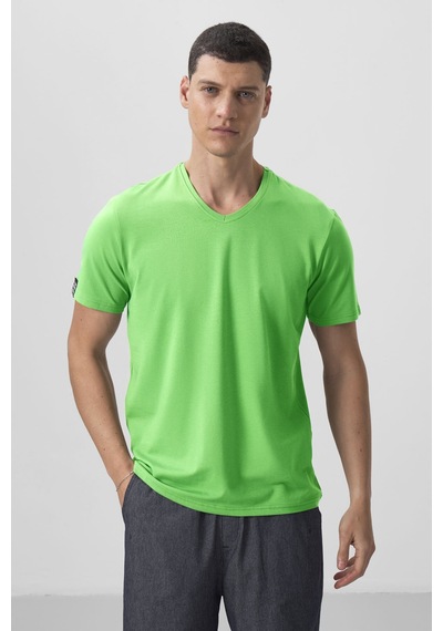 Tommylife Neon Yeşil Basic Kısa Kol Standart Kalıp V Yaka Erkek T-shirt - 87912 Neon Yeşil