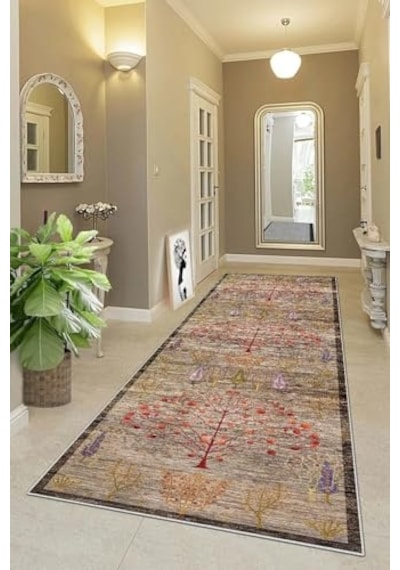 Pelangi Ağaç Desenli Dijital Baskı Yıkanabilir Kaymaz Taban Etnik Kilim Desen Salon Halısı Ve Yolluk, Kahverengi 8 Diğer
