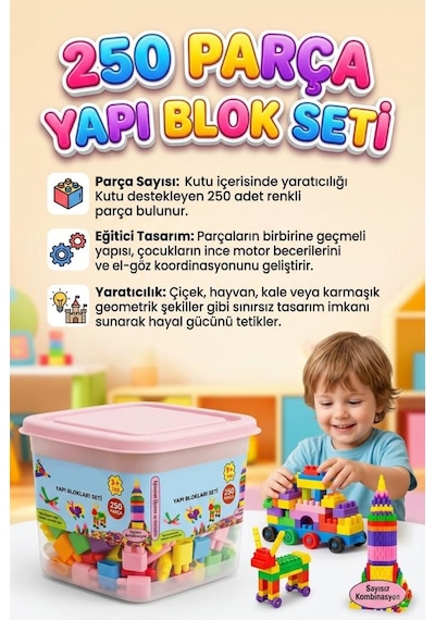 250 Parçalı Saklama Kutulu Renkli Bloklu Eğlenceli Sayısız Kombinasyonlu Eğitici Yapı Oyuncak Seti