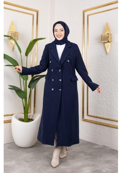 Hb Harma Time Butik Kadın Astarlı Düğmeli Cepli Uzun Lacivert Kaşe Kaban