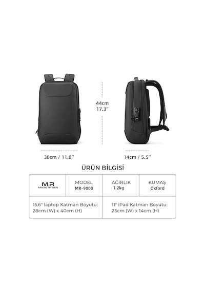 Mark Ryden Compılo 15.6 İnch Kilitli Siyah Renk Laptop Erkek Sırt Çantası Mr9000 00 Siyah