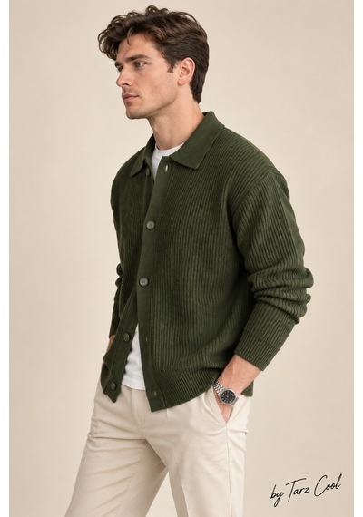 Tarz Cool Erkek Düğme Detaylı Regular Fit Hırka Haki