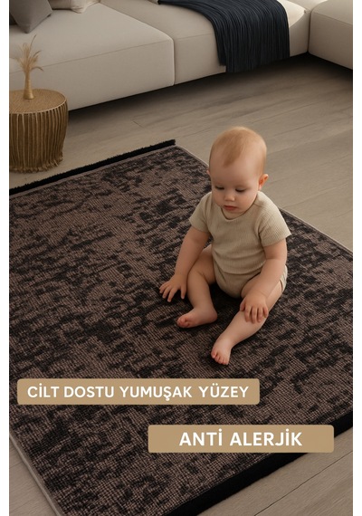 Badelya Home Bej Şönil Makinada Yıkanabilir Kaymaz Taban Saçaklı Pamuklu Halı Kilim Oturma Odası Salon
