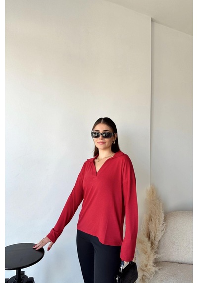 WeShaya Kadın Kırmızı Polo Yaka Basic Bluz, Uzun Kol, Regular Kesim, Günlük Ve Spor Sweatshirt Kırmızı