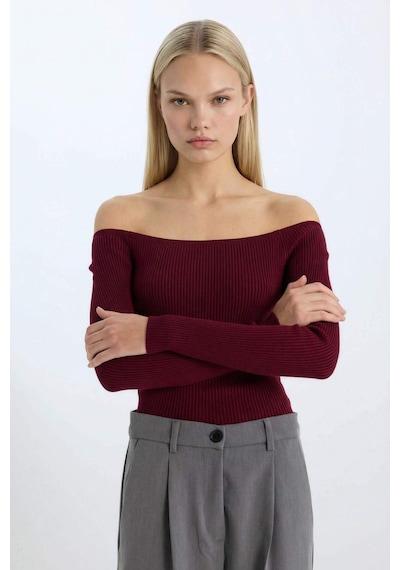 Defacto Fitted Açık Omuz Basic Düz Bordo Triko Kazak E0314AX24WNBR115 Bordo