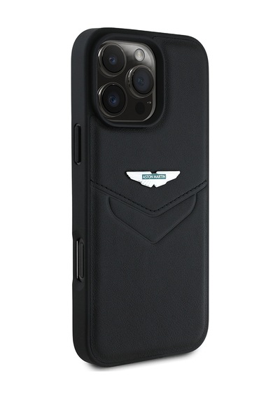 Apple Uyumlu iPhone 16 Pro Max Kılıf Aston Martin Lisanslı Victory Dizayn Deri Metal Logolu Kapak Siyah