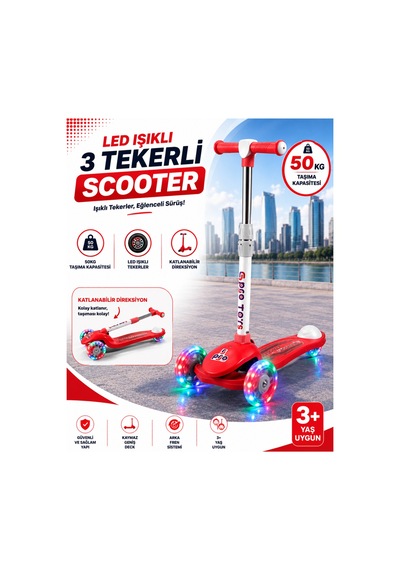 Gtpro Çocuk Scooter Katlanabilir 3+yaş 3tekerli Led Işıklı 50kğ Kapasite Kırmızı