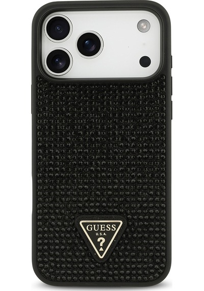 Apple Uyumlu iPhone 17 Pro Max Kılıf Guess Lisanslı Taşlı Arka Yüzey Üçgen Logolu Kapak Siyah