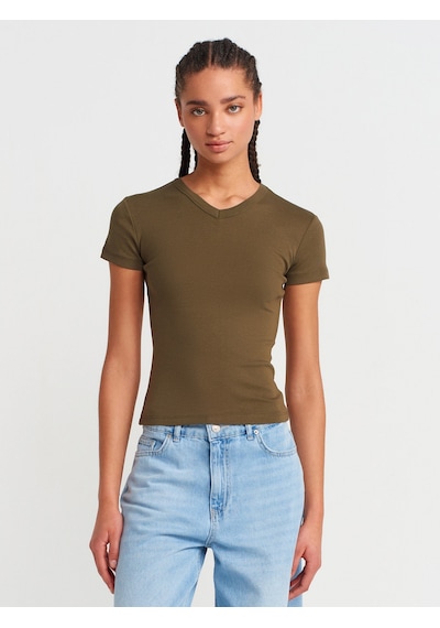 Dilvin 31673 V Yaka T-shirt-haki Haki