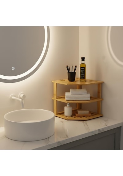 3 Katlı Doğal Bambu Köşe Rafı - Tezgah Üstü Mutfak Ve Banyo Düzenleyici Baharatlık, Kavanoz Ve Dekoratif Raf Diğer
