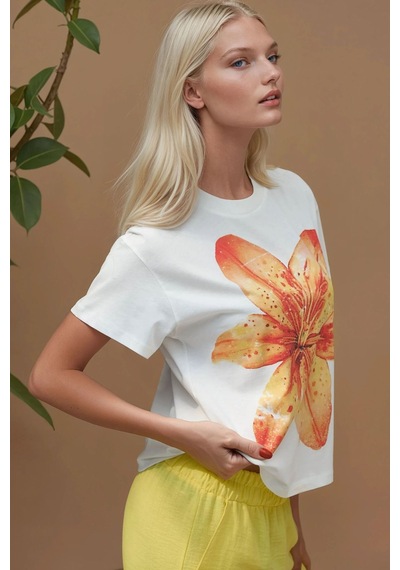 Hiccup Baskı Detaylı Regular Fit Bisiklet Yakalı %100 Pamuklu T-shirt Soluk Turuncu