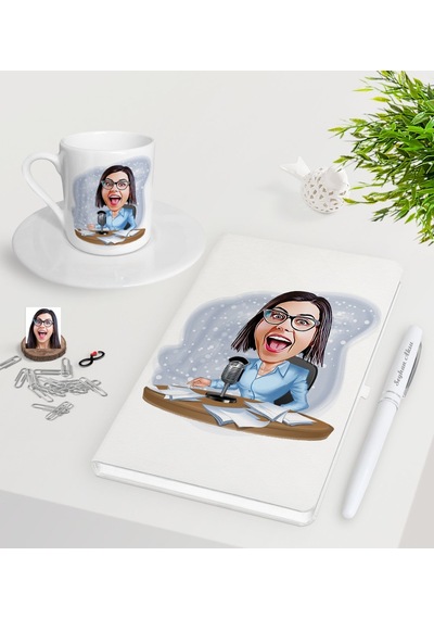 Kişiye Özel Bayan Spiker Karikatürlü Beyaz Defter Kalem Türk Kahv