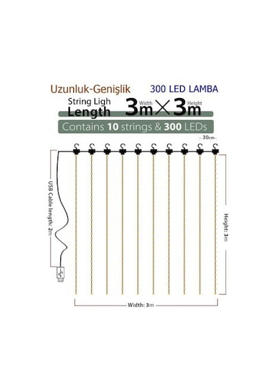 8 Fonksiyonlu Peri Perde Led Uzaktan Kumandalı Günışığı Perde Peri Led 3 Mt X 3 Mt - 24242415482sa Gün Işığı