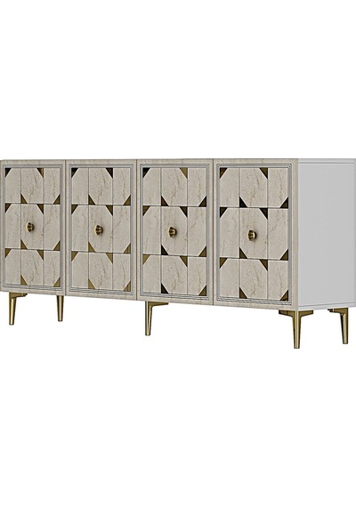 Ka1803btg Moka180 Konsol, Kahve Köşesi, Tv Sehpası Beyaz-traverten Kapak-gold 180cm Beyaz-traverten-gold
