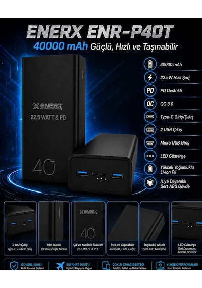 Enerx Enr-p40t 40.000 Mah 22.5 Watt Led Göstergeli Powerbank Siyah
