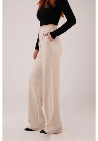 Defymoda Yüksek Bel Bol Paça Krep Krem Pantolon Krem
