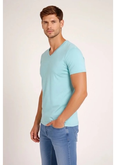 Zenna Tarz Erkek T-shirt V Yaka Slim Fit Dar Kesim Likralı Tişört Günlük Basic Body - Turkuvaz Turkuaz