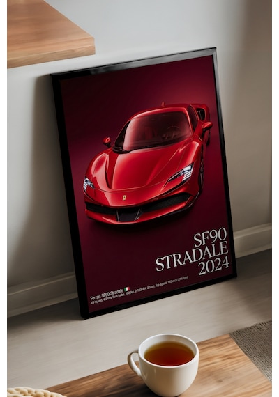 Ferrari Sf90 Stardale 2024 Siyah Ahşap Çerçeveli Poster, Dekoratif Araba Duvar Tablosu