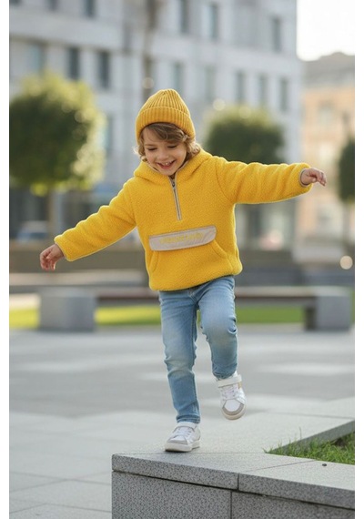 Miniğimin Cicileri Kanguru Cep Detaylı Kapüşonlu Unisex Çocuk Polar Sweat - Sarı