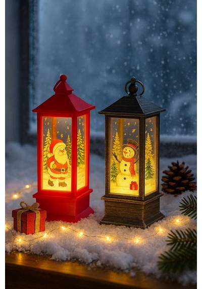 Led Işıklı Noel Feneri 2 Li Set Noel Baba & Kardan Adam Temalı Dekoratif Yılbaşı Lambası 14 Cm 12 CM
