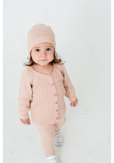 Babyhola Unisex Triko Saç Örgülü Alt Üst Bere 3'lü Takım 22108 Pembe
