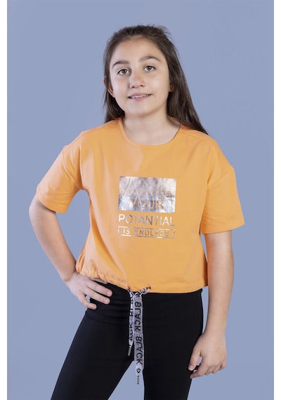 Toontoy Kids Toontoy Kız Çocuk Crop Model Kordon Detaylı Varak Baskılı Tişört Turuncu