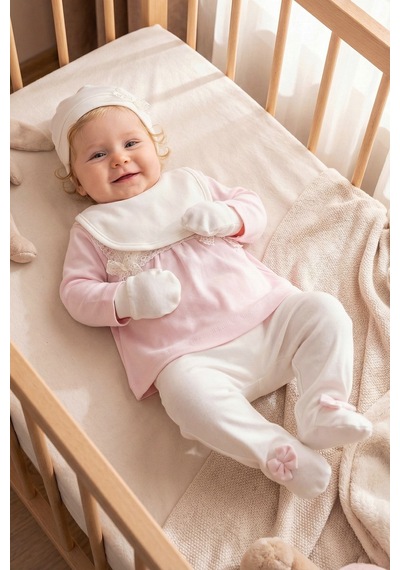 Babymod Fistolu 100% Pamuk Kız Bebek Takım 5'li Set Pudra