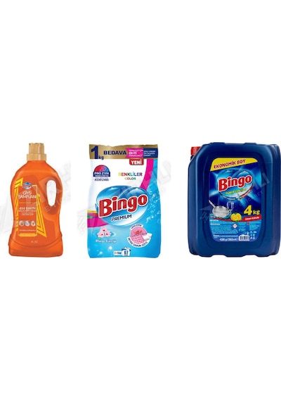 Bingo Giysi Şampuanı 3lt +renkliler Toz 8 Kg + Bulaşık Det. 4lt 3'lü Set Diğer