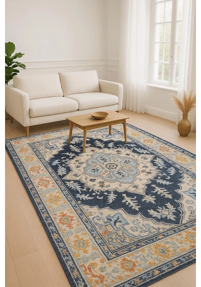 Vintage Desen Modern Halı Dekoratif Kilim Lacivert