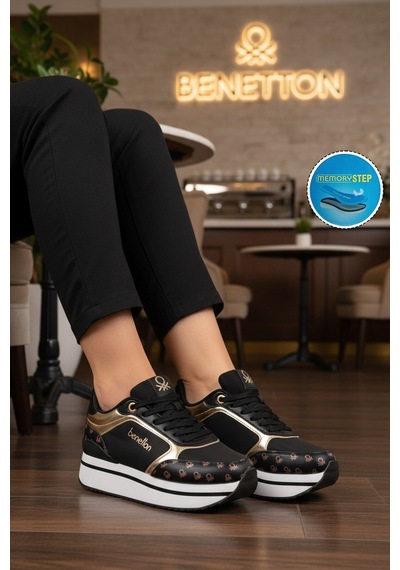 United Colors Of Benetton Siyah Beyaz Bağcıklı Cilt Memory Foam Kadın Spor Ayakkabı Bnı-12096 G Siyah - Beyaz