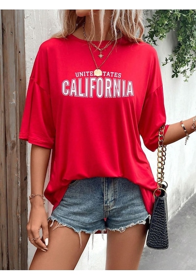 Us California T-shirt - Kırmızı Baskılı Oversize Bisiklet Yaka Kısa Kol Kirmizi