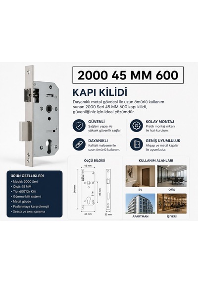 2000 Seri 45 Mm 600 Lük Kapı Kilidi / Gömme Kilit Dayanıklı Metal Gövde