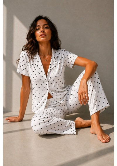 Kadın Klasik Doğal Düğme Gece Kar Beyaz Pijama Takımı