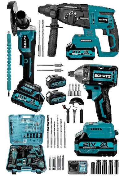 Schatz 21v Kömürsüz Çift Akülü Şarjlı 3'lü Set Spiral Taşlama + Kırıcı Delici Hilti + Somun Sıkma Sökme Makinesi Mavi