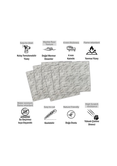 3 Boyutlu Duvar Paneli Kabartmalı Metro Dikdörtgen Desen Pvc 41x41 Cm/ 6 Adet /1 M² Mermer