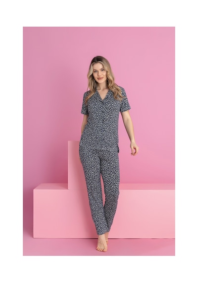 Rindahomewear Kadın Milan Küçük Yıldız Desenli Düğmeli Pijama Takımı Siyah