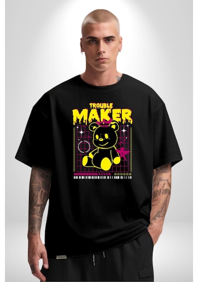 Baş Belası Teddy Pamuklu Bisiklet Yaka Unisex Oversize Boyfriend Dijital Baskılı Siyah T-shirt Siyah
