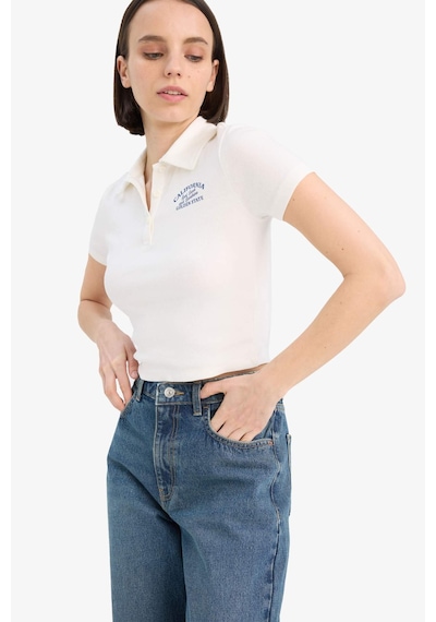 DeFacto Coool Fitted Baskılı Ribana Kısa Kollu Polo Beyaz Tişört D1095AX25SMWT32