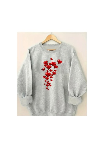 Herkesemoda Kırmızı Kalpler Baskı Detaylı Bisiklet Yaka Sweatshirt Gri