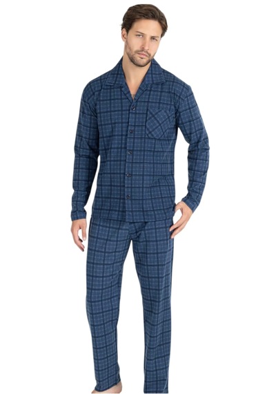 Erse Önden Düğmeli Uzun Kol Termal Pijama Takımı Kareli Lacivert
