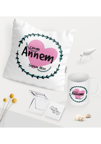 Kişiye Özel Canım Annem Beyaz Kupa Ayna Yastık Seti - 10