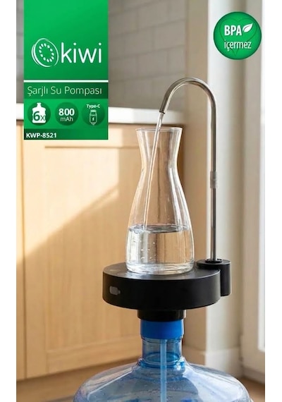 Kiwi Kwp-8521 Şarjlı Su Pompası Usb Şarjlı & Damacana Uyumlu & Paslanmaz Çelik Boru Siyah