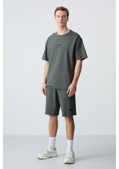 Haki Pamuklu Kalın Yumuşak Dokulu Oversize Fit Basic Erkek Şort Takım - 85259