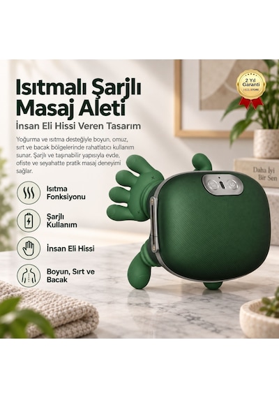Isıtmalı Şarjlı Boyun Ve Omuz Masaj Aleti İnsan Eli Hissi Veren Yoğurmalı Masaj Cihazı Yeşil-1760 Gri