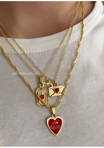 3'lü Gold Kırmızı Kalp Charm Love Kolye Set Altın Altın