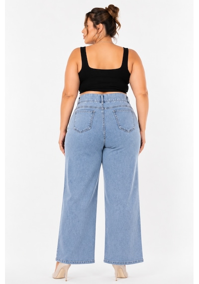 Zanessi Büyük Beden Denim Taşlı Yüksek Bel Pencere Detaylı Bol Paça Kadın Pantolon Mavi