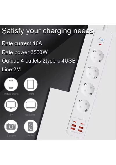 Termal Akım Korumalı 4 Lü Priz 4x Usb 2x Type-c Çıkışlı Grup Priz Çoğaltıcı 3500w 0