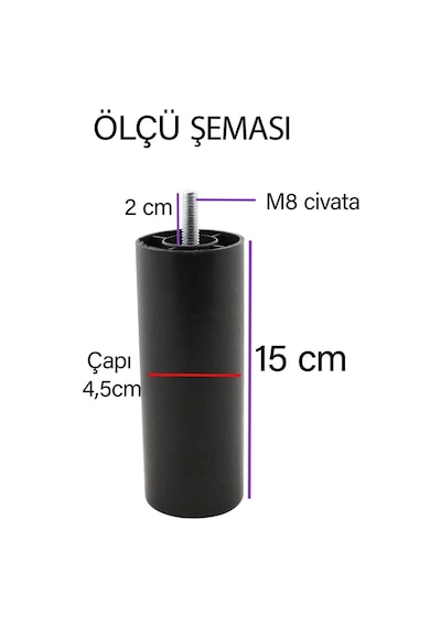 4 Adet Silindir Destek Ayağı 15 Cm Siyah Gizli Ayak Mobilya Kanepe Baza Koltuk Dolap Sehpa Tv Ünitesi Ayağı