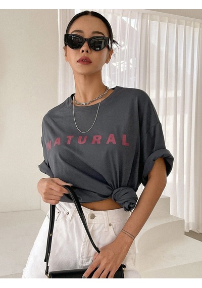 Füme Oversize Natural T-shirt - Oversize Baskılı Füme